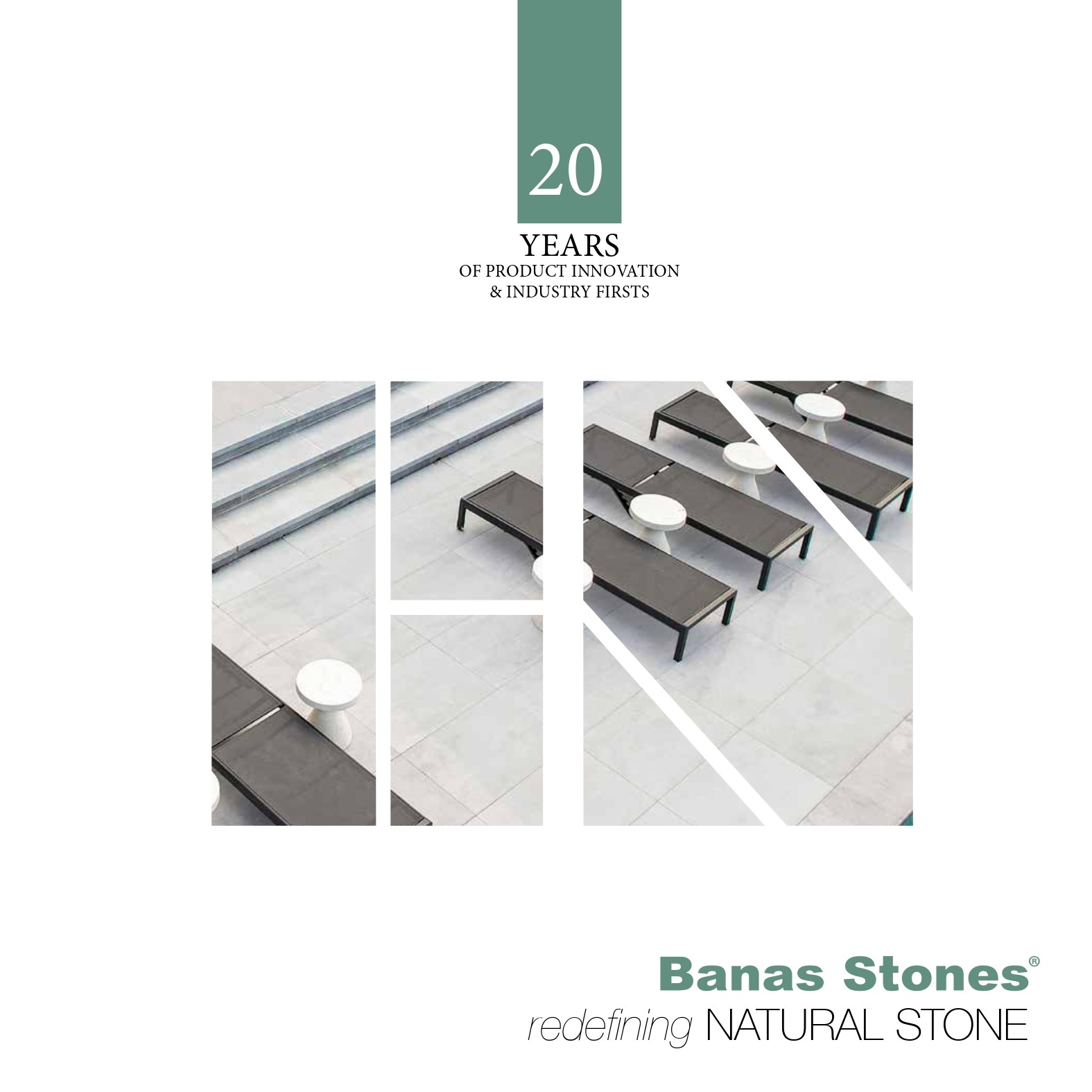 Modern stone patio design with benches and tables shown. Celebrating 20 years of Banas Stones® innovation. "Redefining Natural Stone" slogan featured.