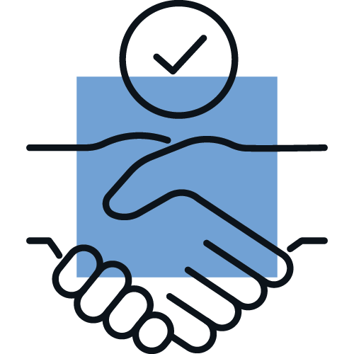 A drawing features two hands shaking with a check mark above, symbolizing agreement or partnership. Background contains a blue square for emphasis.
