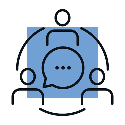 The image is a simple illustration of three abstract human figures around a speech bubble, symbolizing communication and collaboration on a blue background.