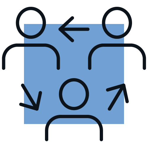 This image shows a diagram of three abstract figures connected by arrows, representing communication or interaction, against a blue square background.