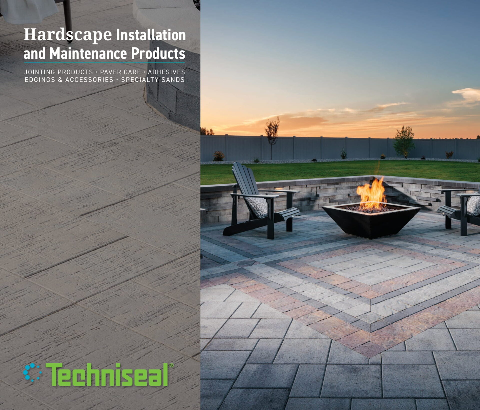 Outdoor patio with fire pit, two chairs, and stone paving at sunset. Hardscape installation products advertised. Brand: Techniseal. No people present.