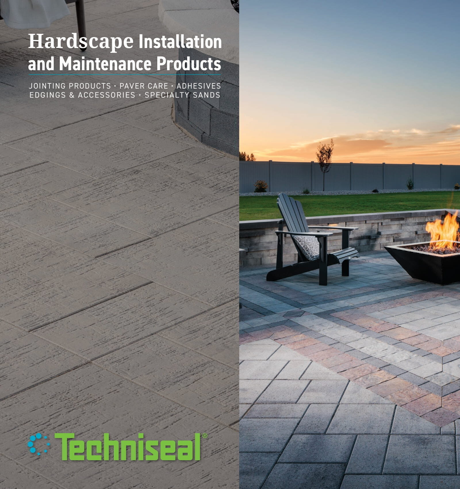 Outdoor patio with fire pit, two chairs, and stone paving at sunset. Hardscape installation products advertised. Brand: Techniseal. No people present.