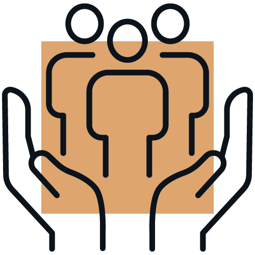 Three stylized person icons within upturned hands symbol, representing community support, unity, or teamwork within a square shape. Simple, minimalist line art design.