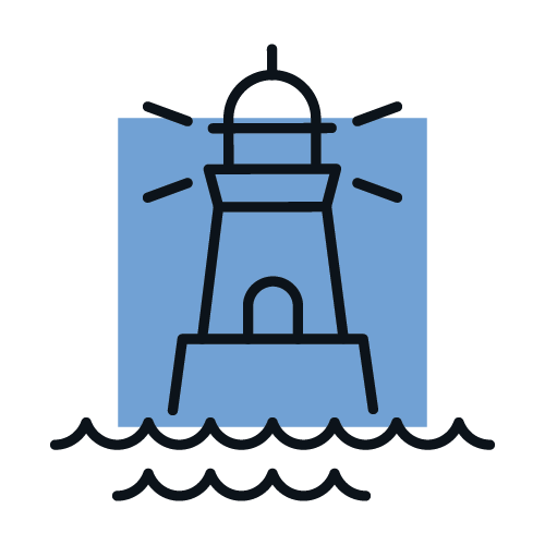 a stylistic design of a lighthouse in front of a blue square