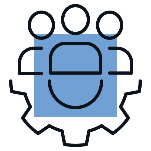 The image features a stylized icon of three people above a gear, representing teamwork and collaboration, on a blue square background.