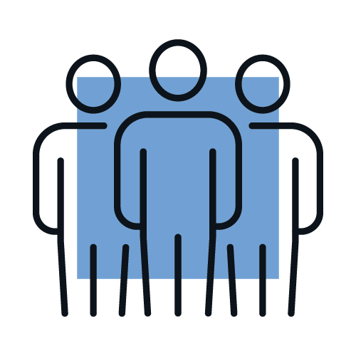 a stylistic design of three people standing in a group infront of a blue square