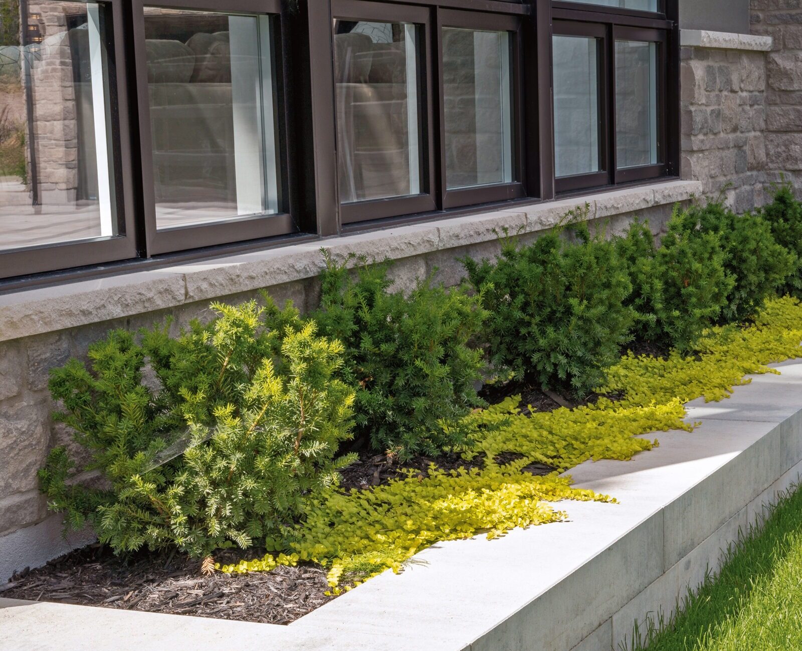 Stone building exterior with modern windows, landscaped with green bushes and yellow ground cover, adjacent to a neatly maintained grassy lawn.