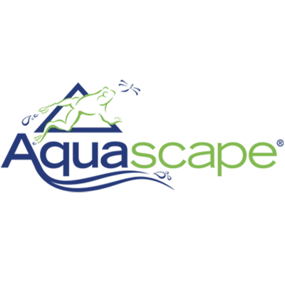 The image features the Aquascape logo with a frog design and blue-green text, along with a small dragonfly illustration above the letters.