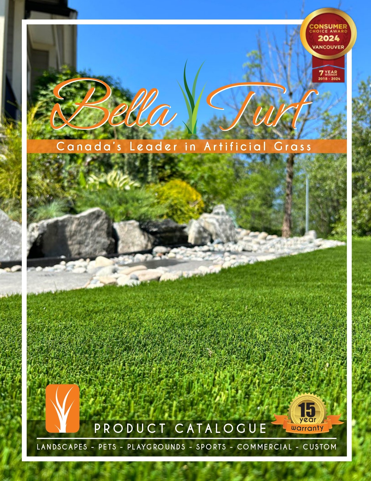 Cover of Bella Turf catalog featuring artificial grass, landscape image, and award badge for Vancouver. Highlights 15-year warranty for various applications.