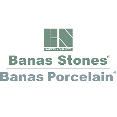 Banas Stones and Banas Porcelain logo featuring a green geometric design symbolizing quality and safety, with bold text underneath.