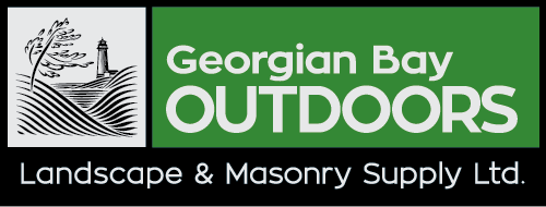 Georgian Bay Outdoors logo with lighthouse illustration, featuring the text "Landscape & Masonry Supply Ltd." on a green and black background.