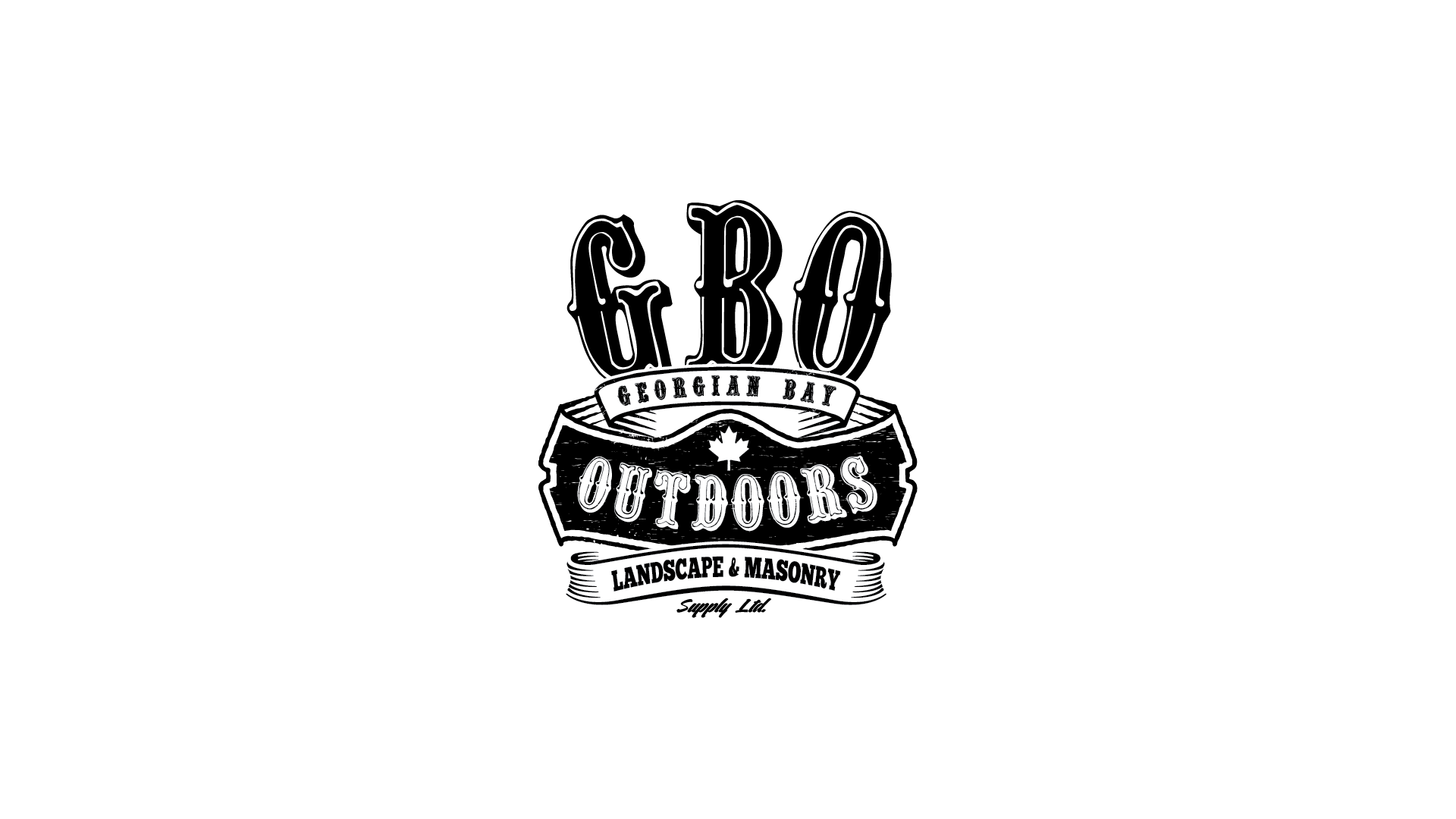 Black and white logo for "Georgian Bay Outdoors Landscape & Masonry Supply Ltd." with bold vintage typography and a maple leaf design.