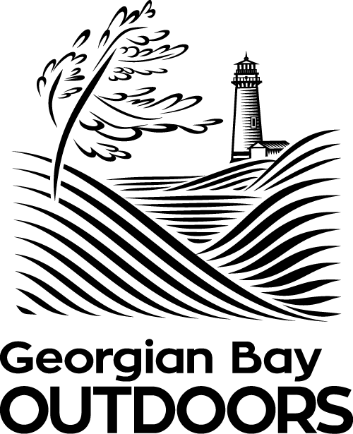 A stylized logo features a tree and lighthouse with waves, representing Georgian Bay Outdoors. It's emphasized with bold, black text below.