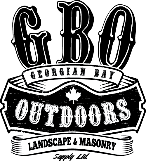 Logo for "Georgian Bay Outdoors" features bold text and maple leaf design, highlighting landscape and masonry services. Black and white aesthetic.