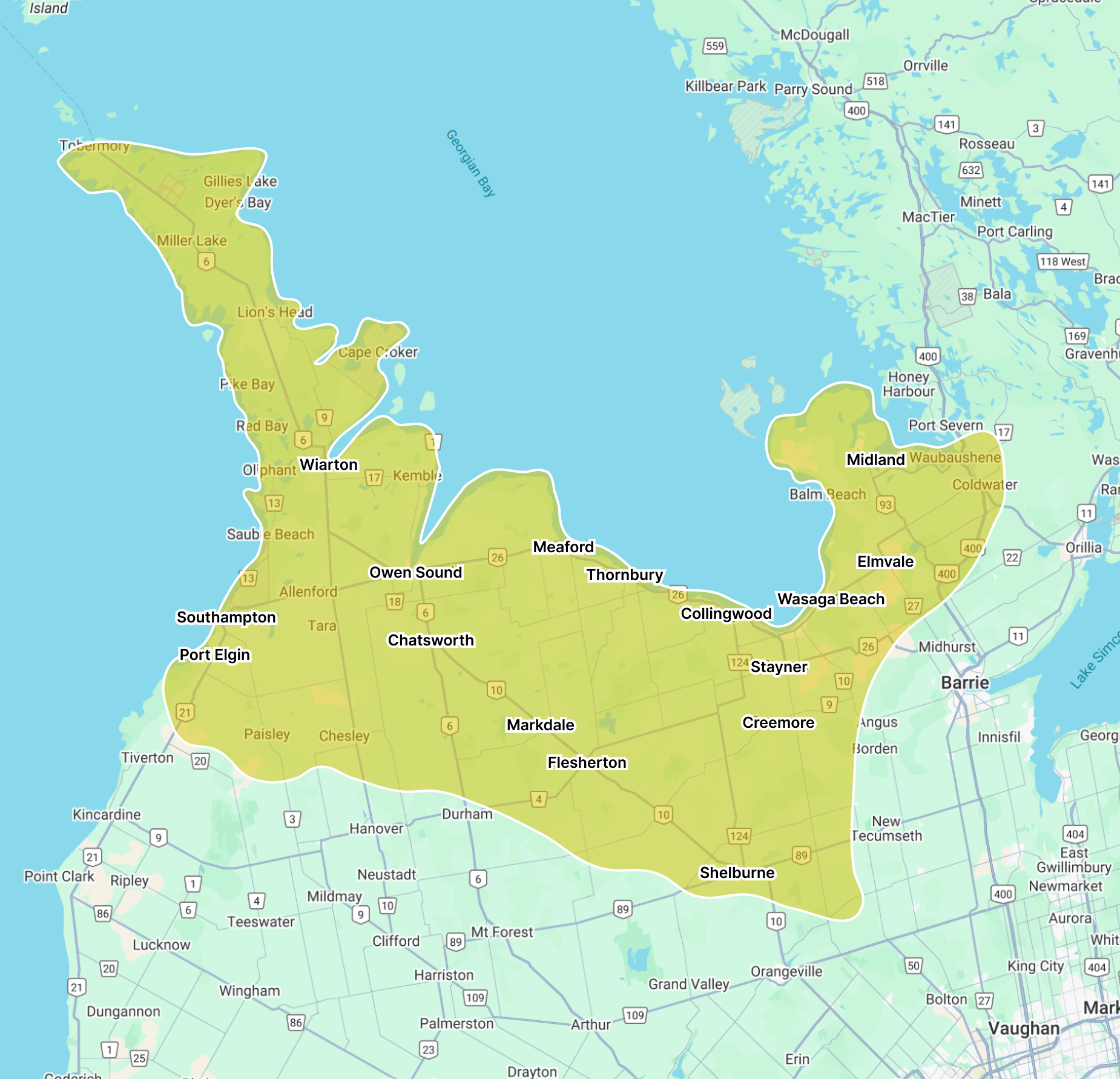 Map highlighting the Bruce Peninsula area, showcasing towns like Wiarton, Owen Sound, and Collingwood. Georgian Bay is visible to the northeast.