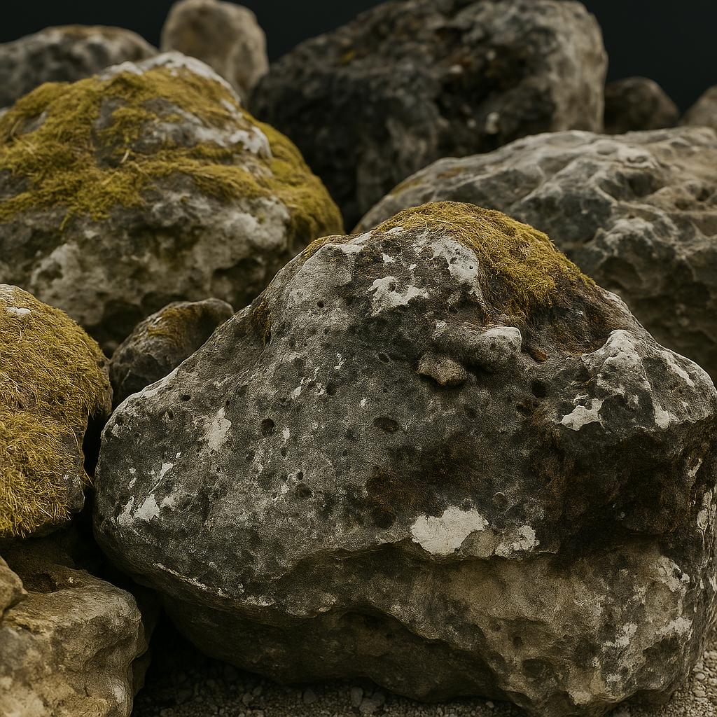 Close-up of moss-covered rocks with textured surfaces, showcasing natural patterns and earthy tones, against a blurred dark background, creating a serene ambiance.