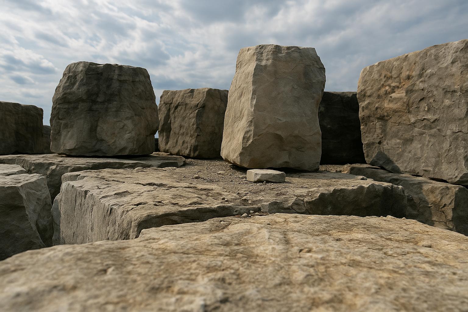 Large irregular stone blocks arranged outdoors under a cloudy sky, resembling a natural formation or ancient structure, with no visible people or landmarks.