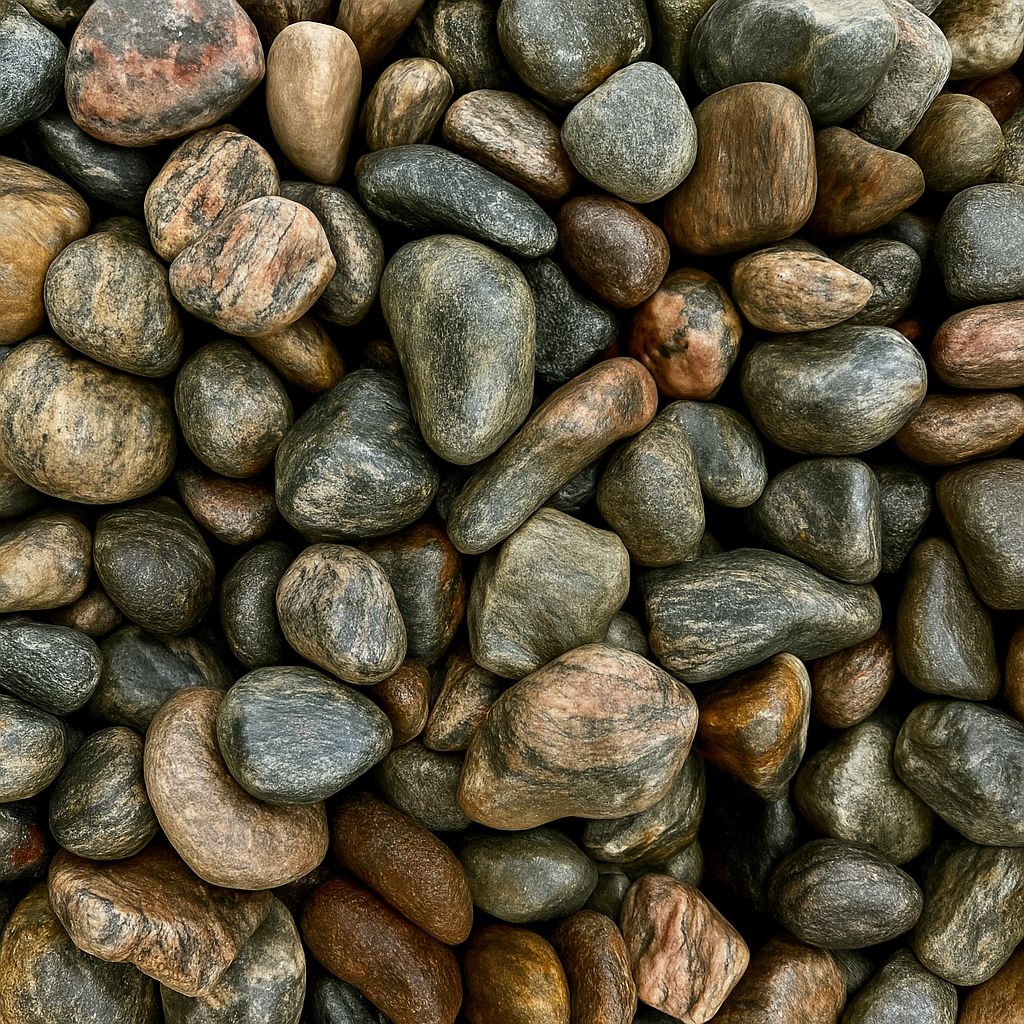 A collection of smooth, multicolored river stones tightly packed together, showcasing varied textures and natural earthy hues in an outdoor setting.