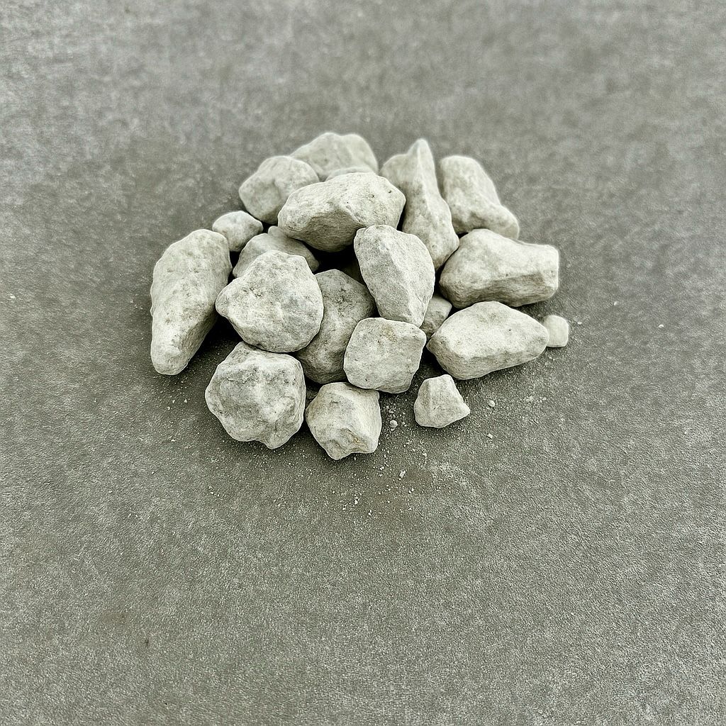 A small pile of light gray rocks is arranged on a smooth, textured gray surface, creating a simple and minimalist composition.