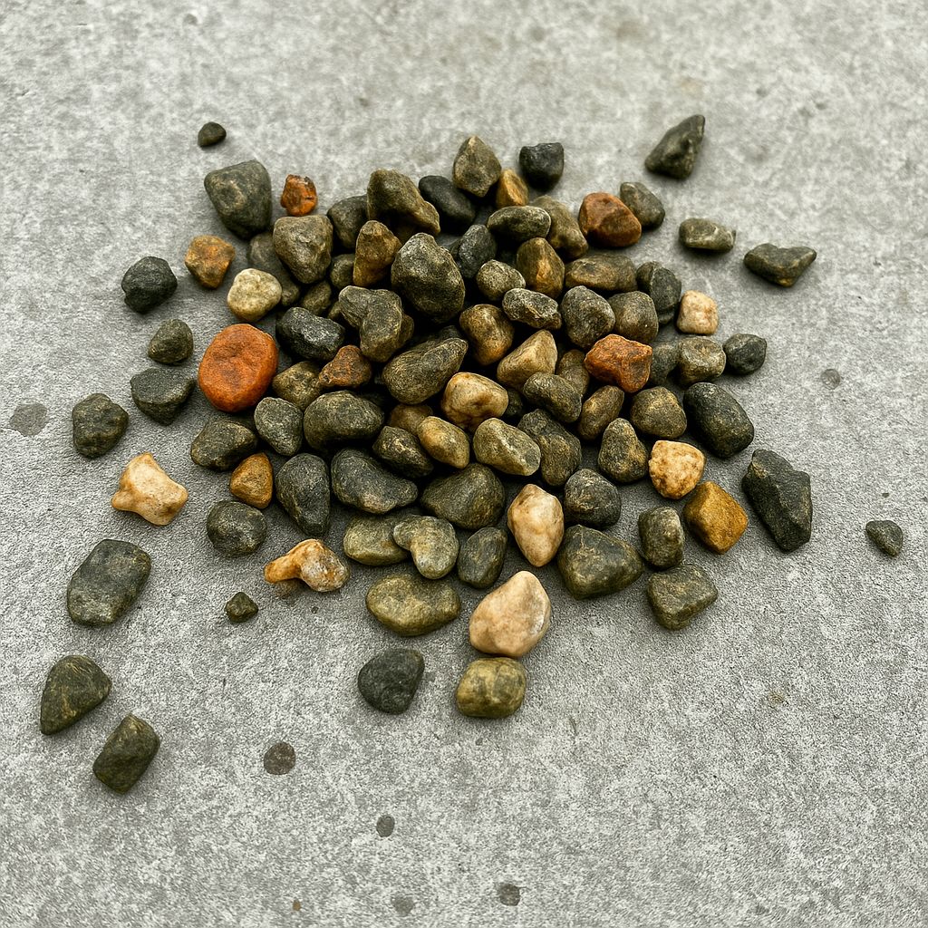 A pile of small, mixed-color pebbles scattered on a textured, gray concrete surface, highlighting natural variations in color and shape.