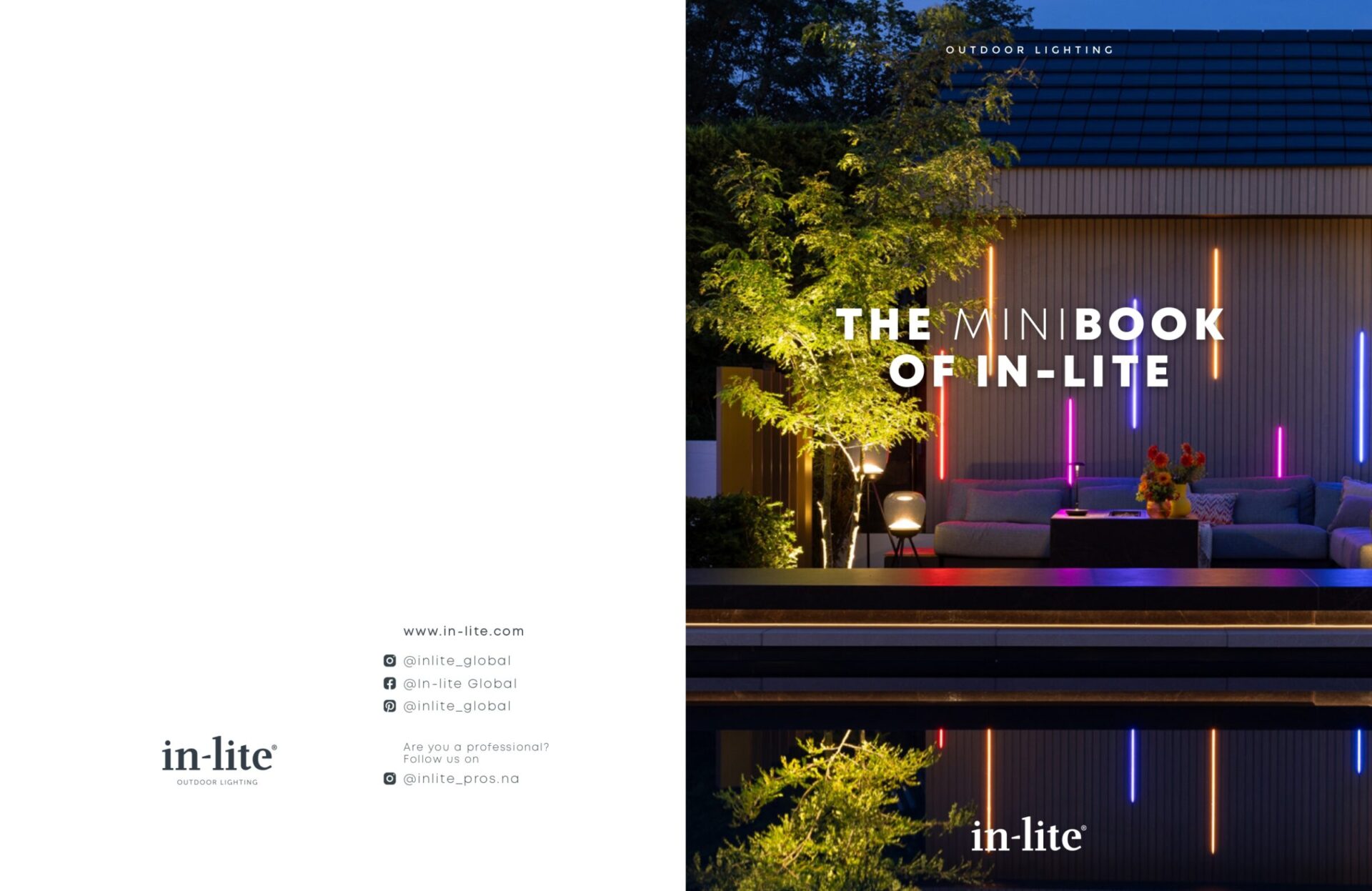 Outdoor setting featuring modern lighting, a cozy seating area with colorful lights, and lush greenery, promoting "The Mini Book of In-lite."