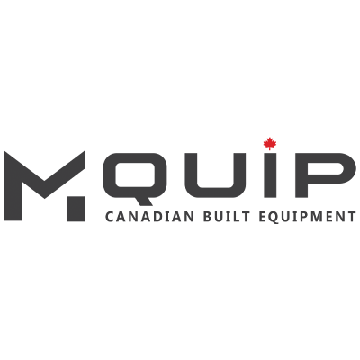 Logo of MQUIP featuring bold letters and a small red maple leaf, accompanied by the tagline "Canadian Built Equipment" in a clean design.