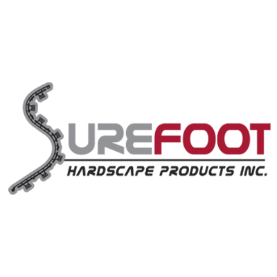 Logo for Surefoot Hardscape Products Inc. features stylized, curved edging and bold red and gray text, highlighting their focus on hardscaping solutions.