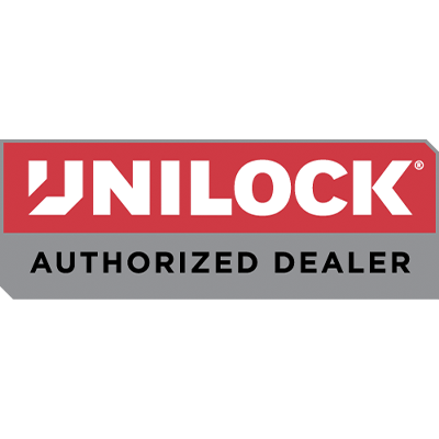 The image displays a logo with "UNILOCK" in bold red letters and "AUTHORIZED DEALER" beneath, on a gray background.