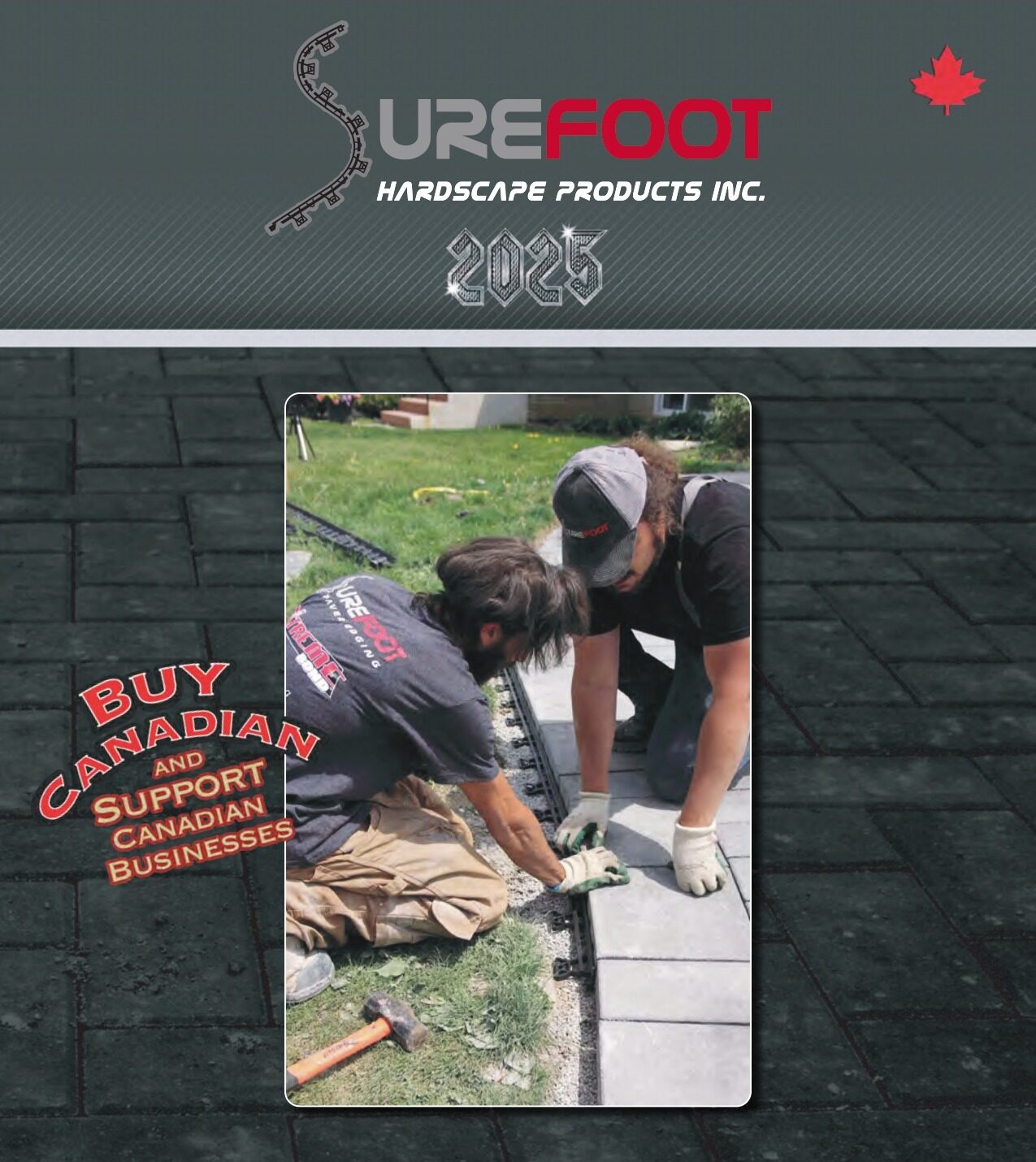 Two people are installing paving with tools on grass. The image promotes Canadian hardscape products with a "Buy Canadian" message.