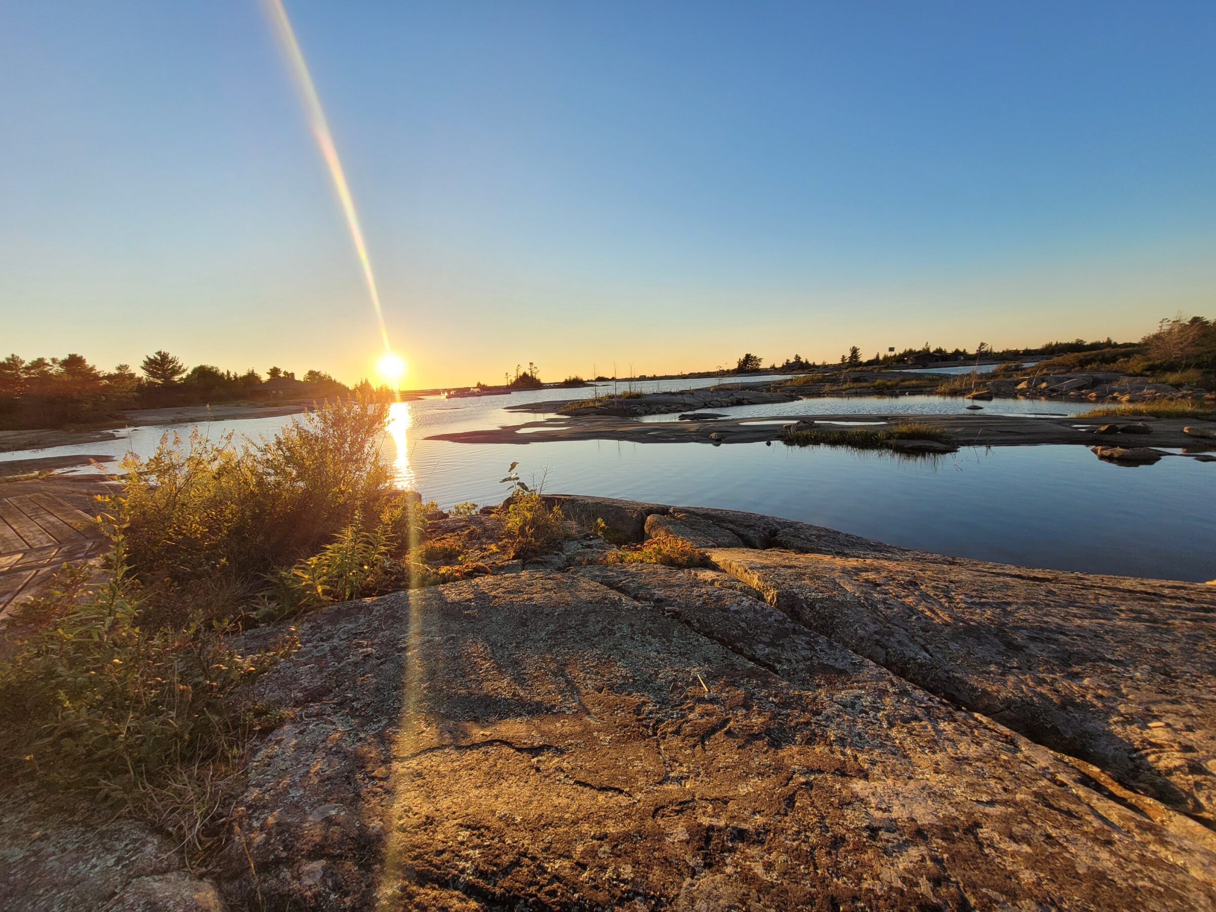 Sunset over rocky shoreline with calm water, scattered vegetation, and clear sky. No people or landmarks visible, highlighting natural beauty and tranquility.
