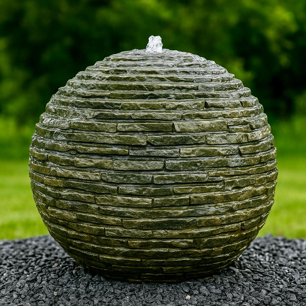 A spherical stone fountain with water trickling from the top, set in a green garden, creating a serene and tranquil atmosphere.