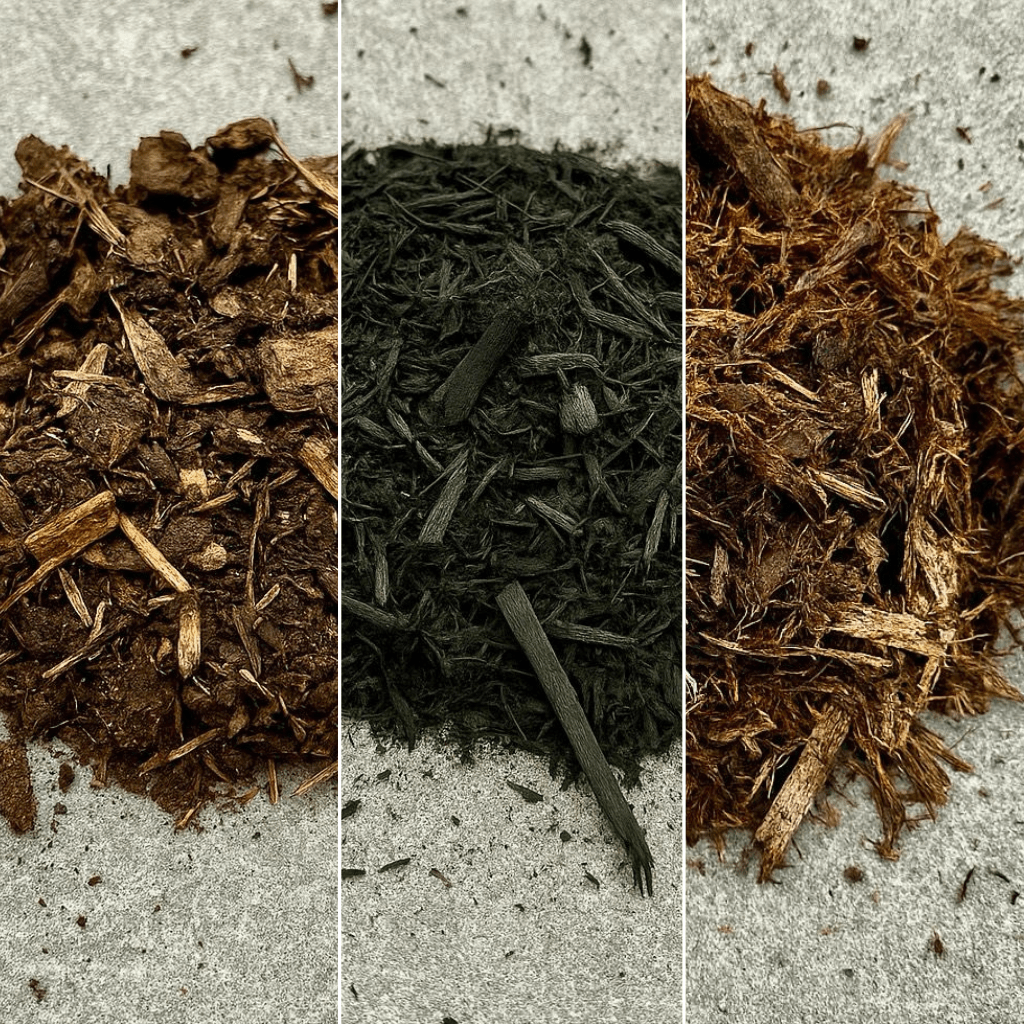 The image shows three piles of mulch in brown, black, and reddish hues arranged side by side on a concrete surface.