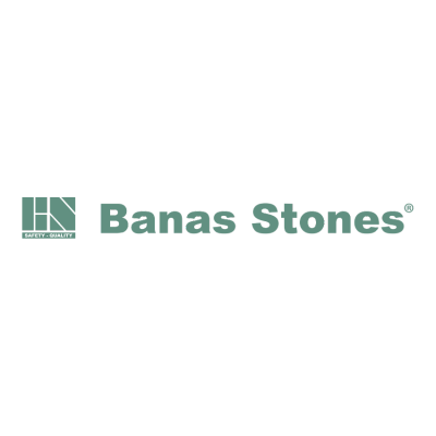 Logo of Banas Stones featuring stylized stone block design alongside company name in green. Minimalist and modern aesthetic with registered trademark symbol.