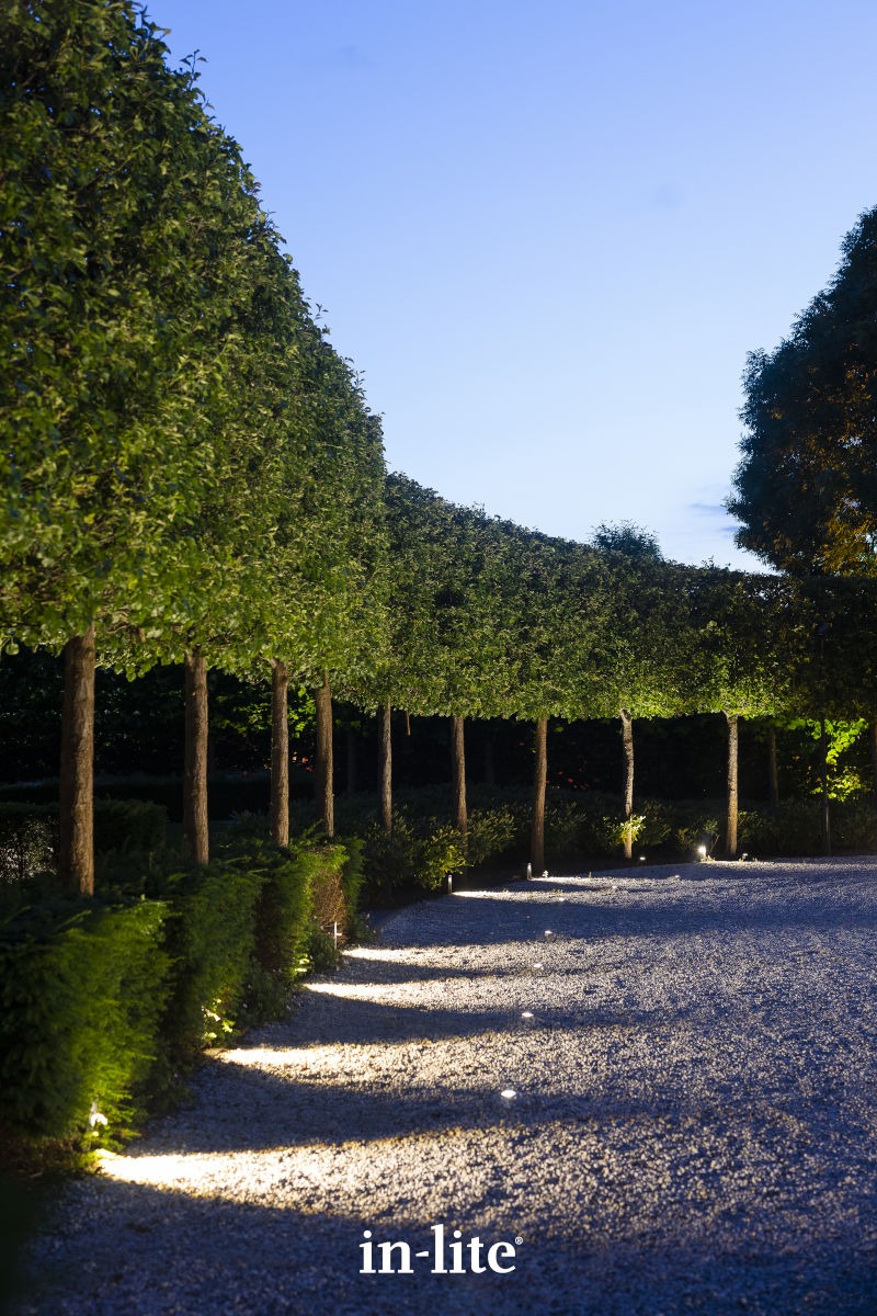 A serene garden path illuminated by ground lights at dusk, bordered by neatly trimmed trees and lush greenery, creating a peaceful ambiance.