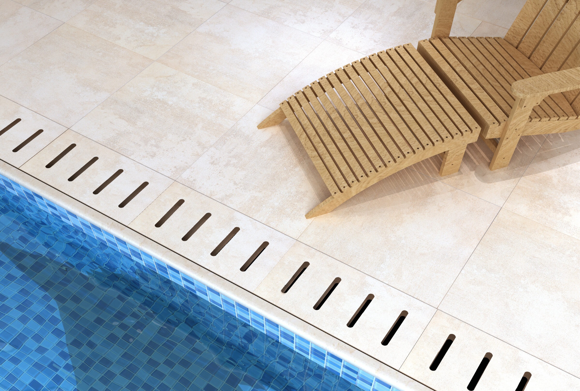 Poolside scene featuring a wooden lounge chair on beige tiles beside a blue-tiled swimming pool, capturing a relaxed setting.