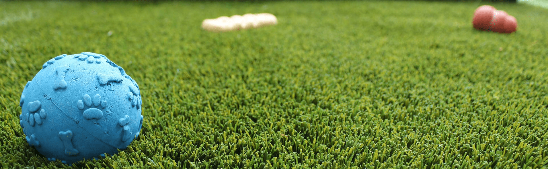 A blue ball with paw prints on artificial green grass, surrounded by scattered dog toys in the background, creating a playful scene.
