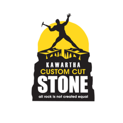Silhouette of a person with a hammer on rocks, yellow background. Text reads "Kawartha Custom Cut Stone – all rock is not created equal."