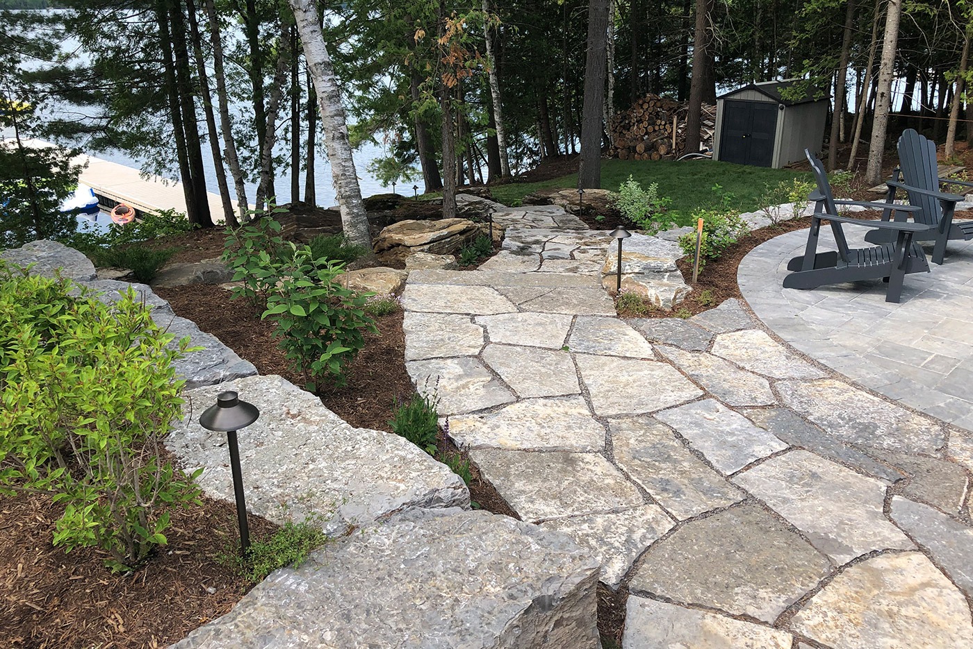 A serene lakeside setting with a stone path, Adirondack chairs, lush trees, and a dock by the water, exuding tranquility and nature.