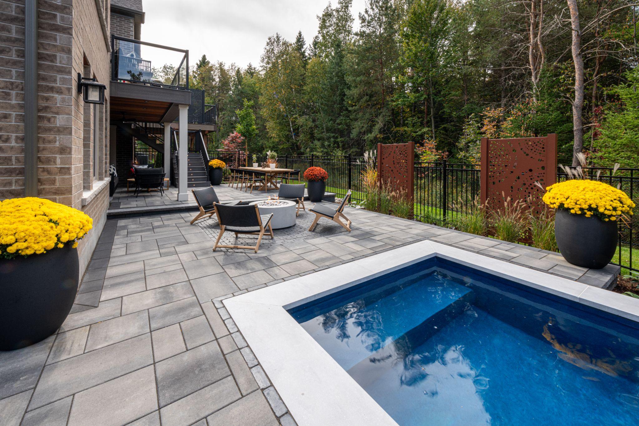 Modern backyard patio with pool and concrete pavers